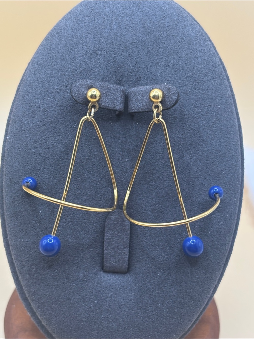 Modern Gold Drop Spiral Earrings with Blue Bead Accents - Women